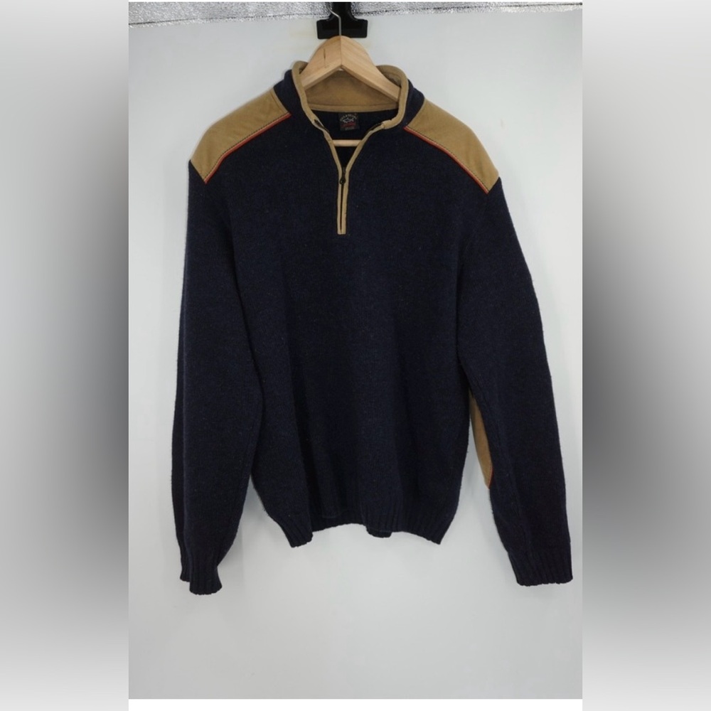 Paul & Shark Sweater Me'ns Medium Navy Merino Wool 1/4 Zip Elbow Shoulder Patch